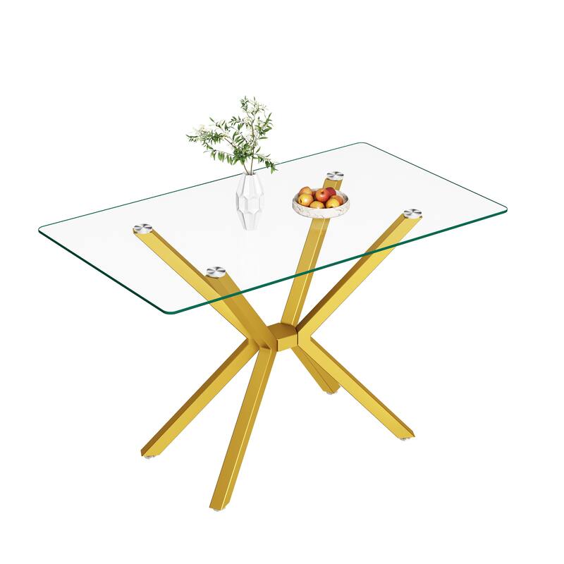 47.24" Rectangular Clear Tempered Glass Dining Table,Stylish Design with Gold Metal Legs, Kitchen Table for Dining Room