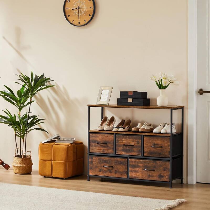 Modern 5 Fabric Drawer 11.8 in. Wide Chest of Drawers with Open Shelf & TV Stand for 45 Inch TV Living Room
