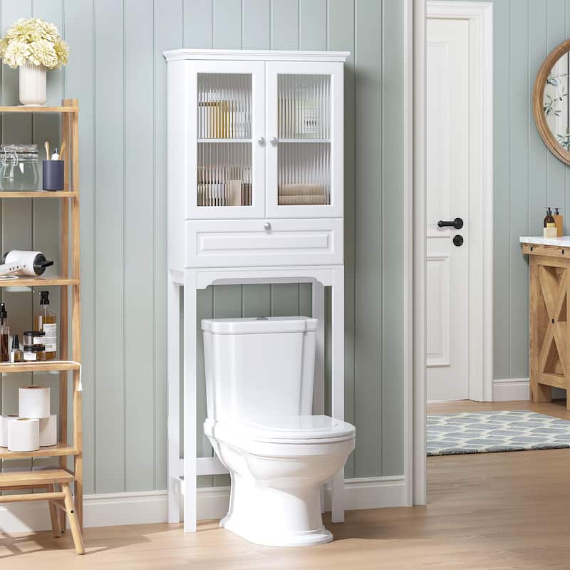 COSTARS Over-the-Toilet Storage Cabinet with Muro Glass Doors & Tilt-Out Cube, White