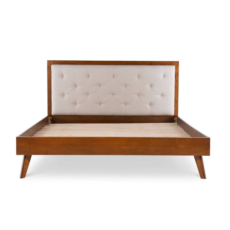 84.25" brown and beige queen size bed frame with upholstered headboard