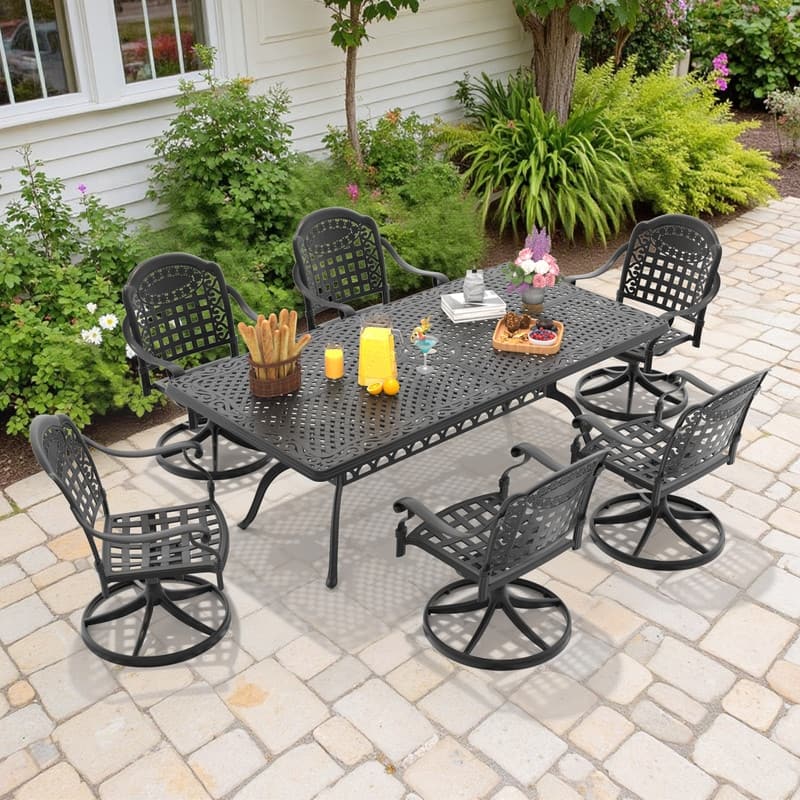 7-Piece Aluminum Rectangular Outdoor Patio Dining Set, 6 Cushioned Swivel Chairs, Table, All-Weather Frames