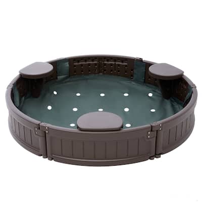 Brown HDPE Round Sandbox with 3 Corner Seating and Bottom Liner Perfect Gift for Kids - 47.2” x 47.2” x 9.1”