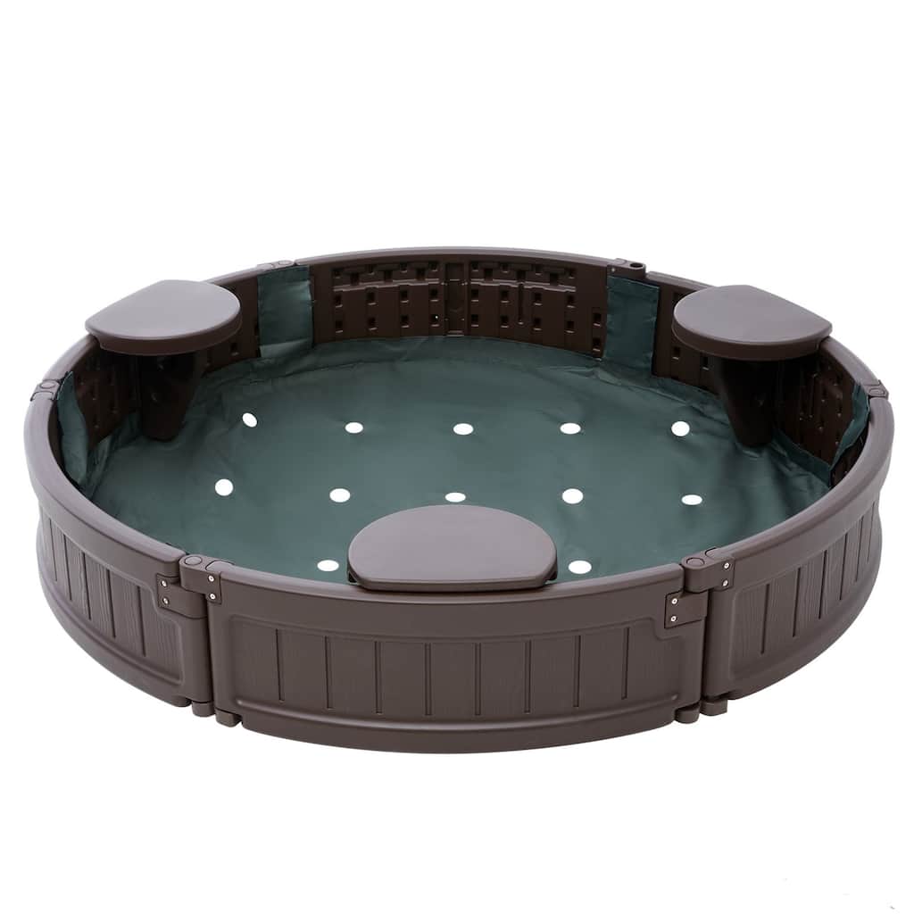 Brown HDPE Round Sandbox with 3 Corner Seating and Bottom Liner Perfect Gift for Kids - 47.2” x 47.2” x 9.1”