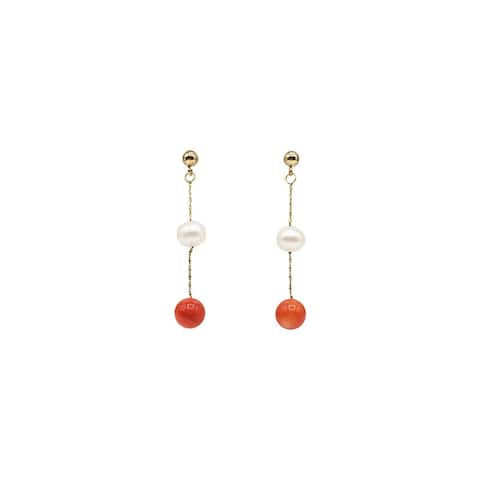 Red Coral and Pearl Dangling Earrings on Gold Chain