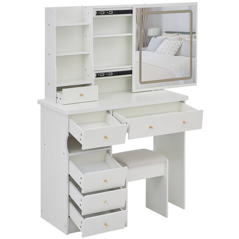 37" Middle Size Left Drawer Desktop Vanity Table + Cushioned Stool Dresser Set, Large Touch Control LED Sliding Mirror