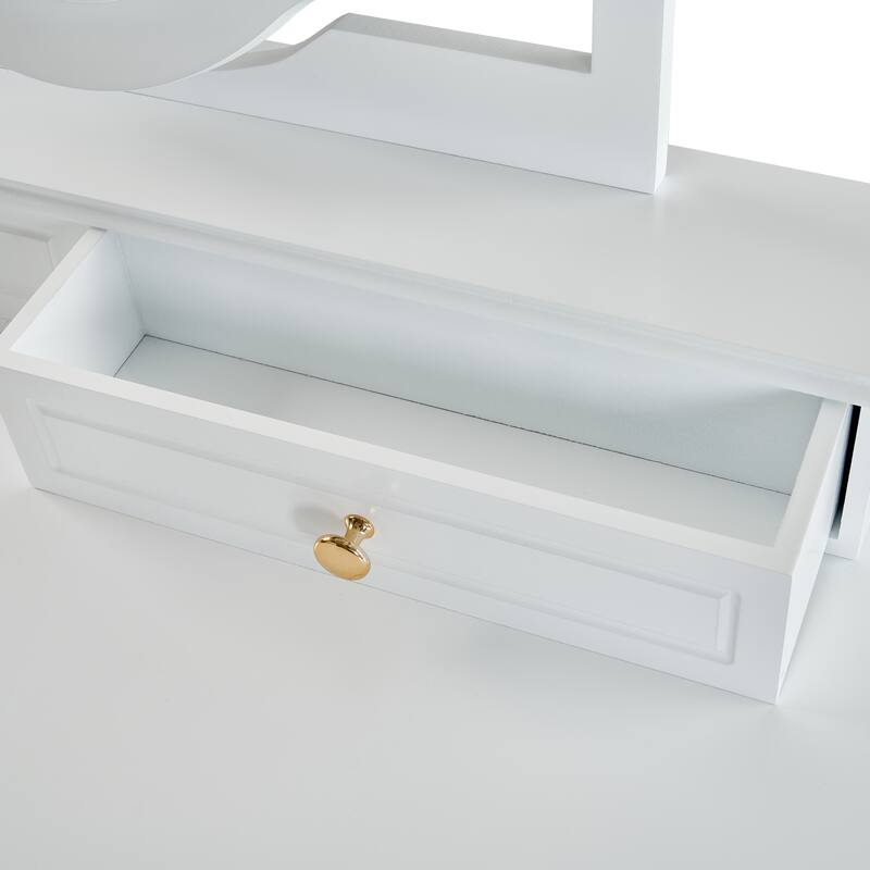 2-Piece Makeup Vanity Desk Set with PU Upholstered Stool, 5 Drawers Vanity Table Dressing Table with Swivel Vanity Mirror, White