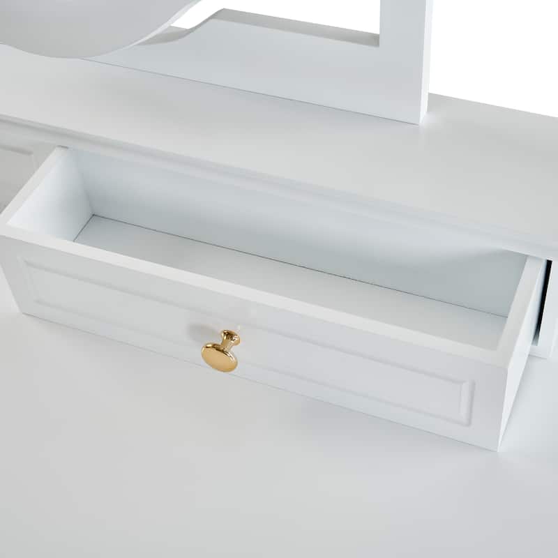 Vanity Desk with Reversible Mirror & Stool, Small Dressing Table Set, Compact Makeup Vanity Table with 5 Drawers
