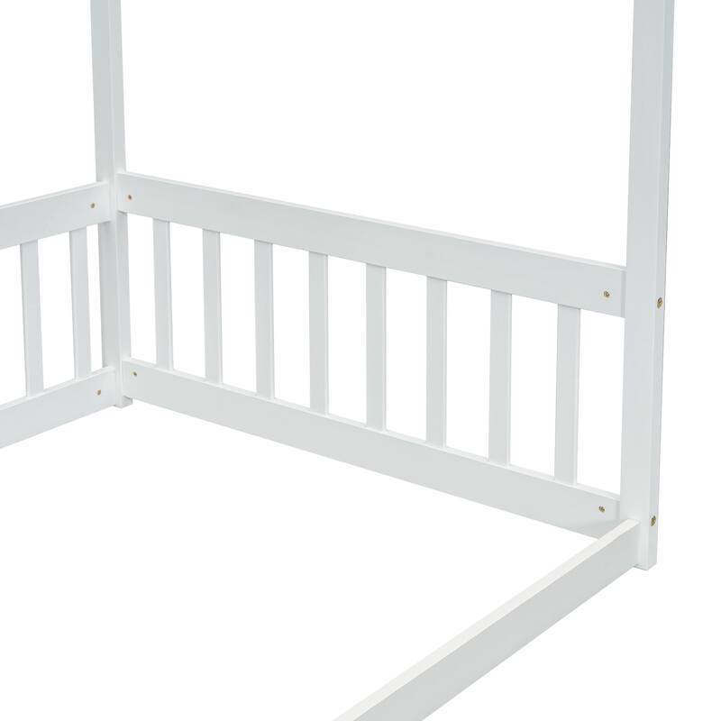 Twin Size Canopy Frame Floor Bed with Fence, Guardrails