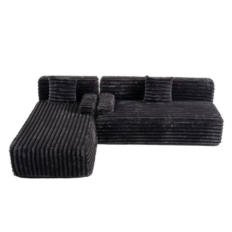 110" Black Faux Fur Sectional Sofa for Living Room, 2 Throw Pillows
