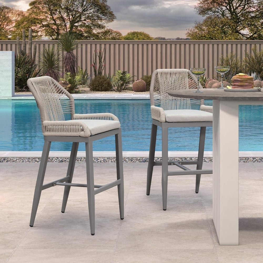 PURPLE LEAF Outdoor Bar Stools Chair Set of 2, All Weather Rattan and Aluminum Patio Bar Stool with Cushion
