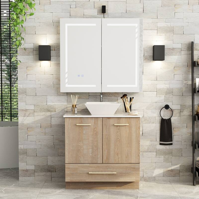 Gleaming Vanity Set Ceramic Basin and LED Mirror Cabinet Combo