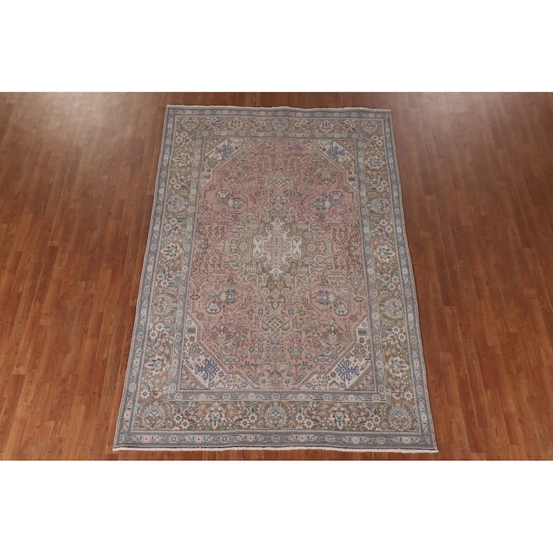 Pink Geometric Tabriz Persian Vintage Rug Hand-Knotted Wool Carpet - 6'5" x 9'9"