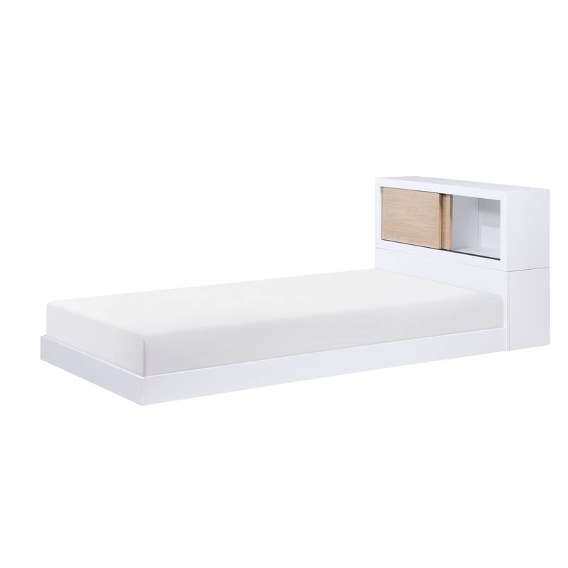 White Twin Bed with Bookcase Headboard, Low Profile Platform, USB Ports, No Mattress Included