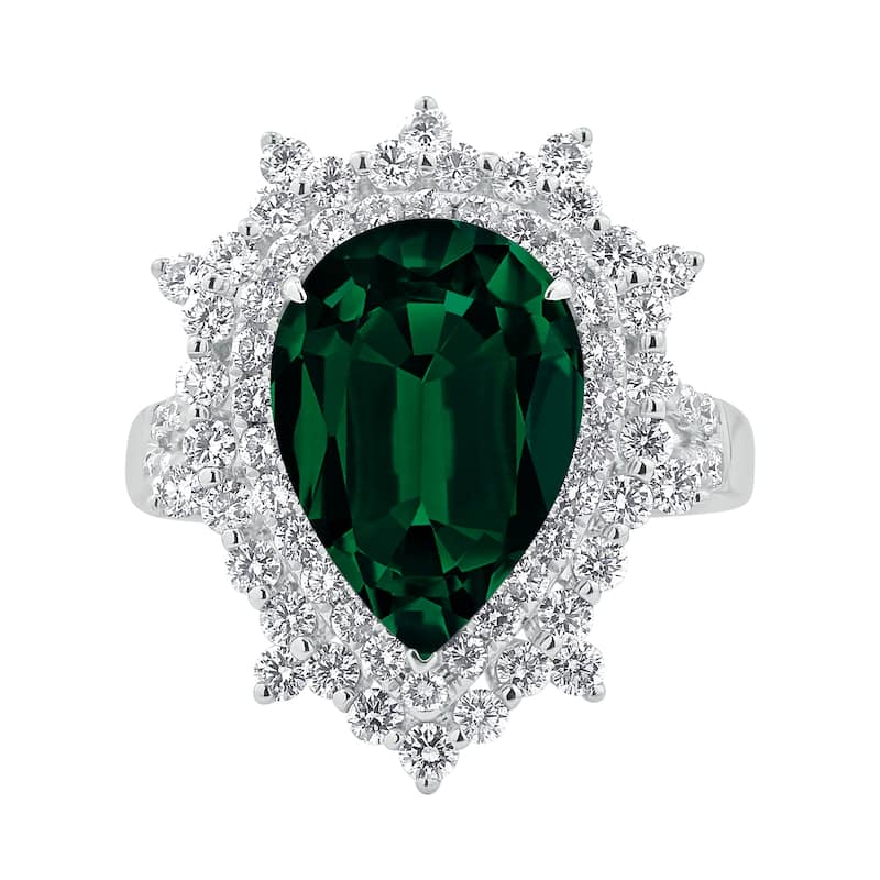 Auriya 4 1/5ct Pear-cut Green Emerald and Halo Diamond Ring 1 1/4ctw 18K Gold