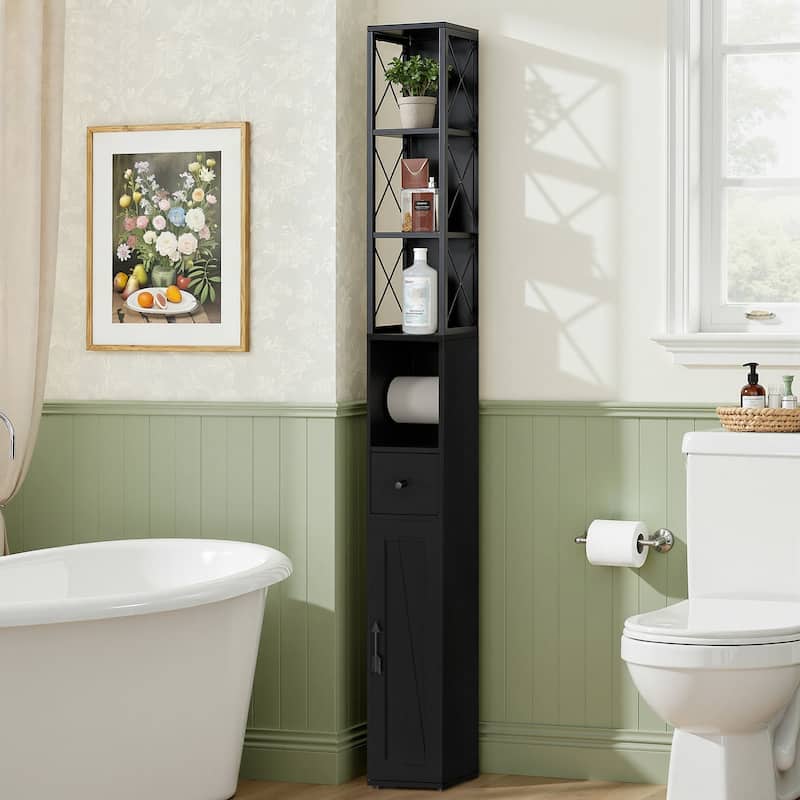 Javlergo Tall Bathroom Cabinet, Narrow Slim Storage Cabinet with Toilet Paper Holder and Drawer For Small Spaces - Black