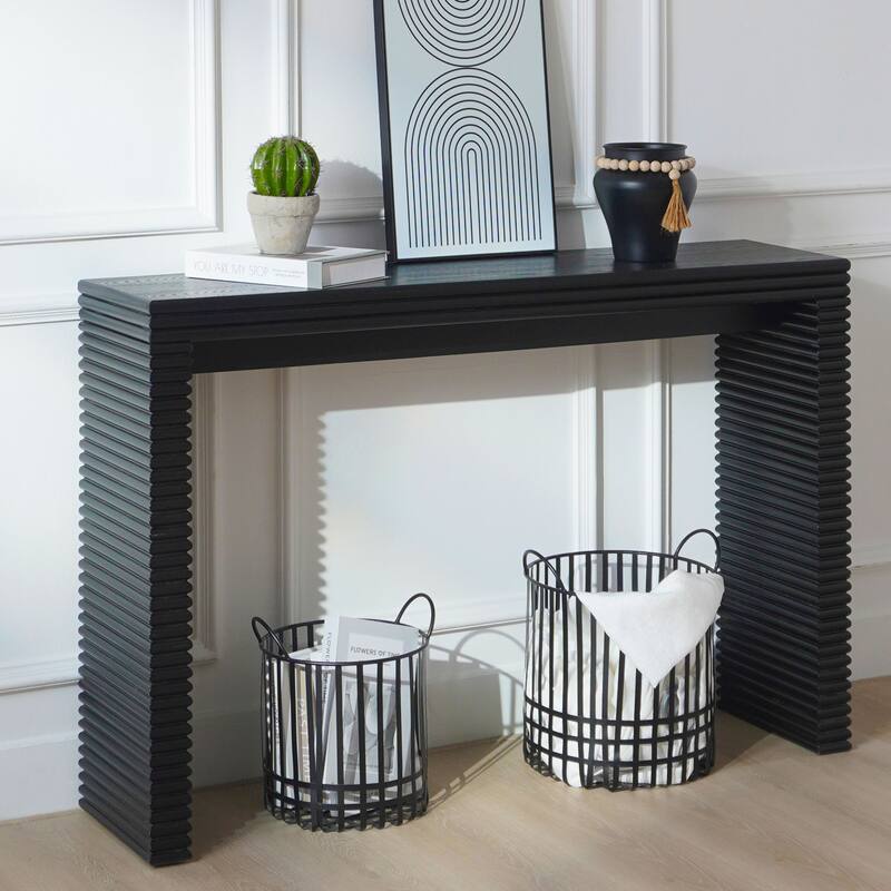 Modern Black Ribbed Design Console Table with Wood Grain Tabletop, Sleek Entryway Table Living Room Accent Table