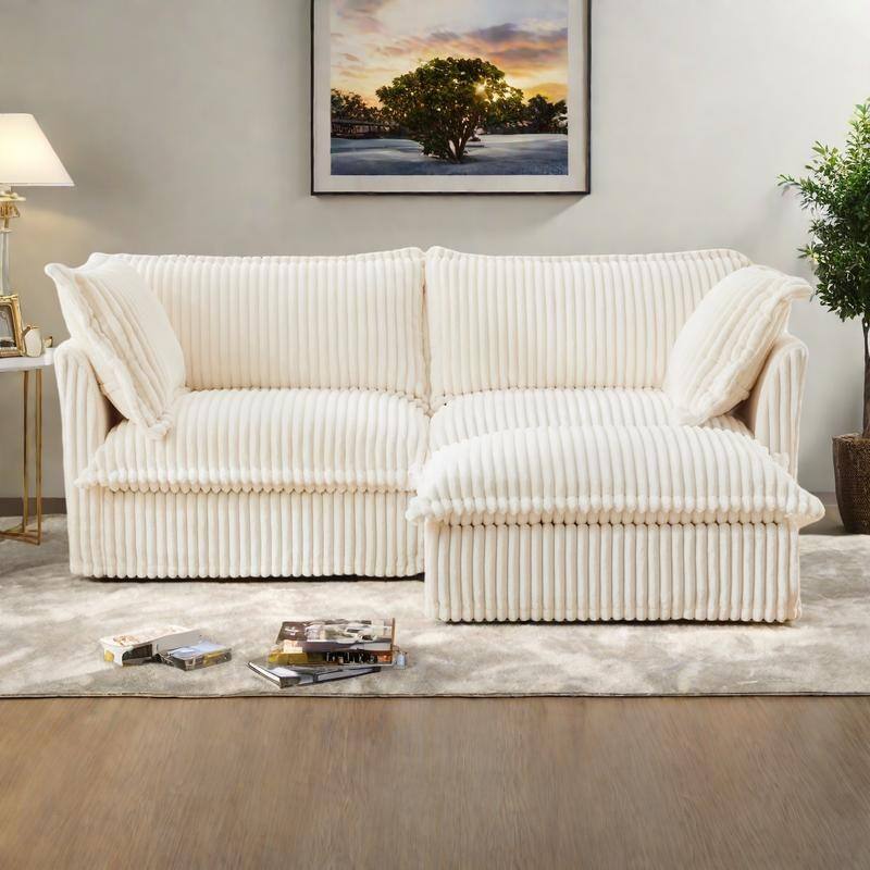 83.4" Corduroy L-Shaped Sectional with Convertible Ottoman and 2-Seater Sofa & Pillows - Cream
