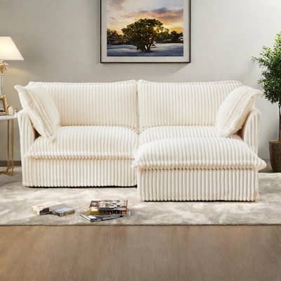 83.4" Corduroy L-Shaped Sectional with Convertible Ottoman and 2-Seater Sofa & Pillows