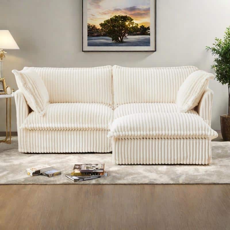 83.4" Corduroy L-Shaped Sectional with Convertible Ottoman and 2-Seater Sofa & Pillows