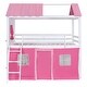 preview thumbnail 3 of 32, Full Size Bunk Wood House Bed with Windows, Sills and Tent, Pink+White