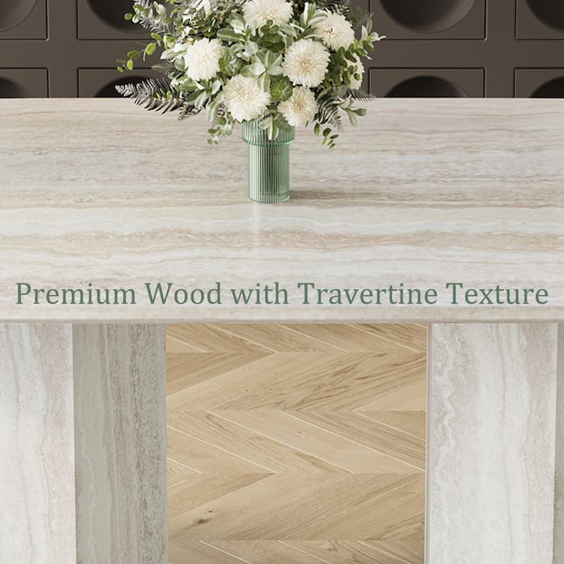 71" Modern Oval Wood Dining Table For 6 With Travertine Texture, Beige Kitchen Table With Bouble Pedestal