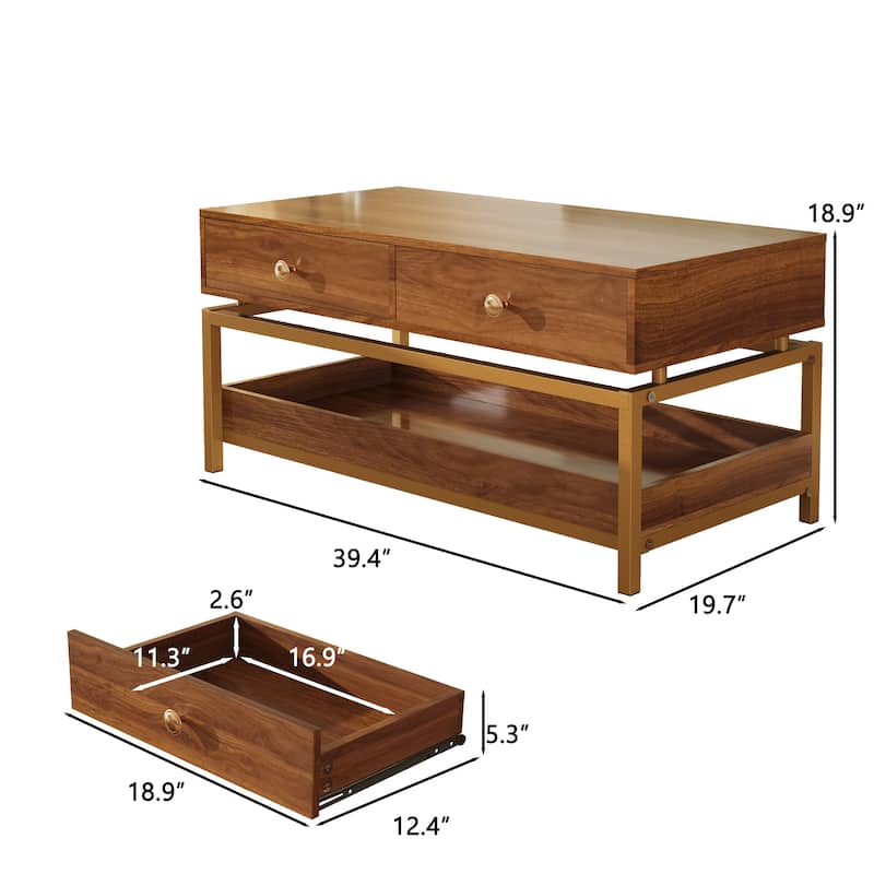 Coffee Tables for Living Room, 39.4" Modern Coffee Table with 2 Drawers and Open Shelf, Wood Center Table with Storage