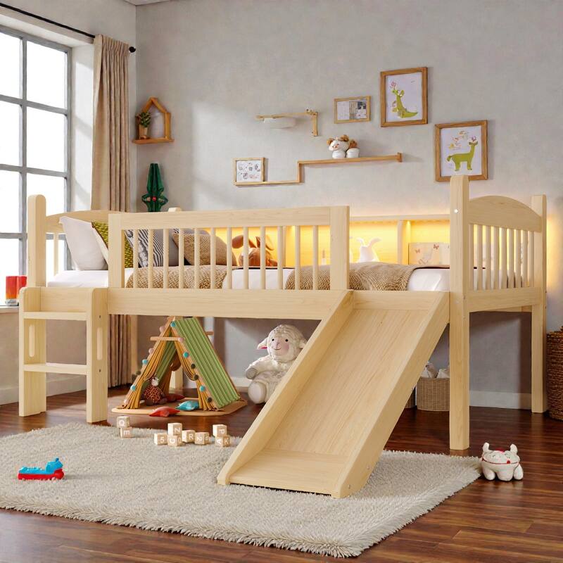 Twin XL/Twin Wood Loft Bed with Storage Shelves, LED Lights, Full-Length Guardrails & Solid Wood Frame, No Box Spring Needed