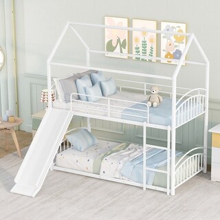 Twin Over Twin Metal Bunk Bed With Slide,Kids Bed