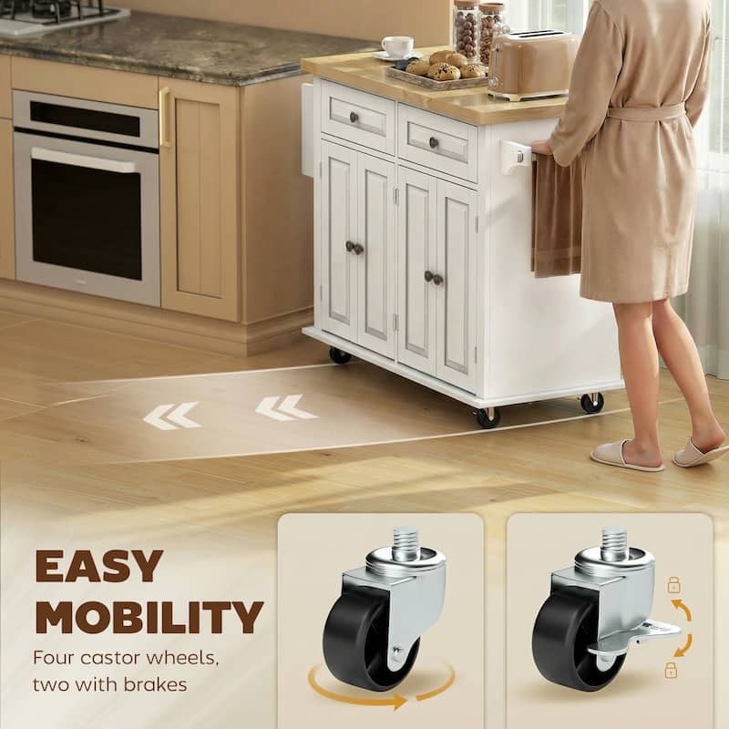 HOMCOM Rolling Kitchen Island Cart with Rubber Wood Top, Spice Rack, Towel Rack & Drawers for Dining Room