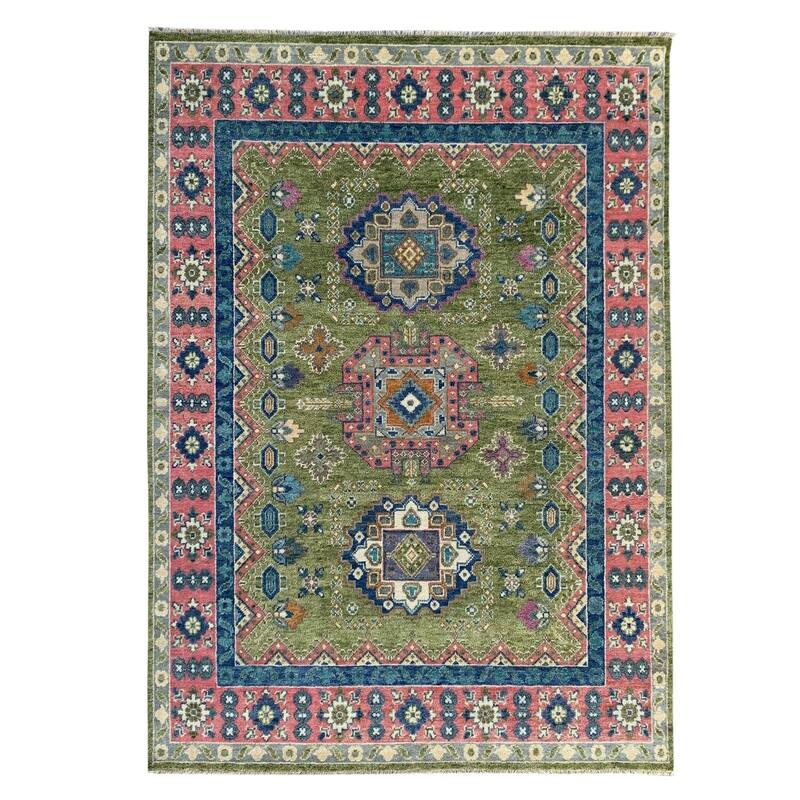 Pale Green Light Fuchsia Hand Knotted Wool Traditional Rug 9' x 12' - Ornamental Medallion 0.5" Pile - N/A