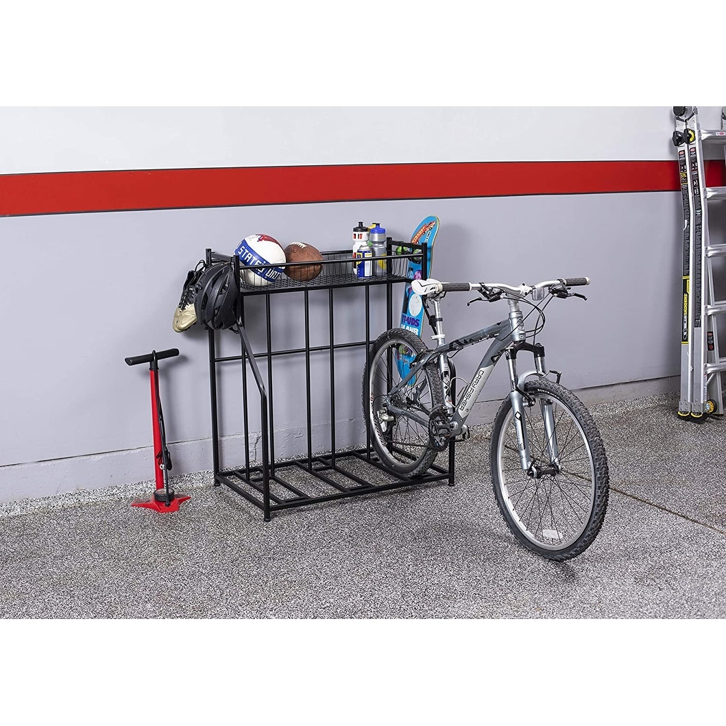 BirdRock Home 3 Bike Stand Rack with Storage - Metal Floor Bicycle Nook - Road, Mountain, Hybrid or Kids Bikes - Black