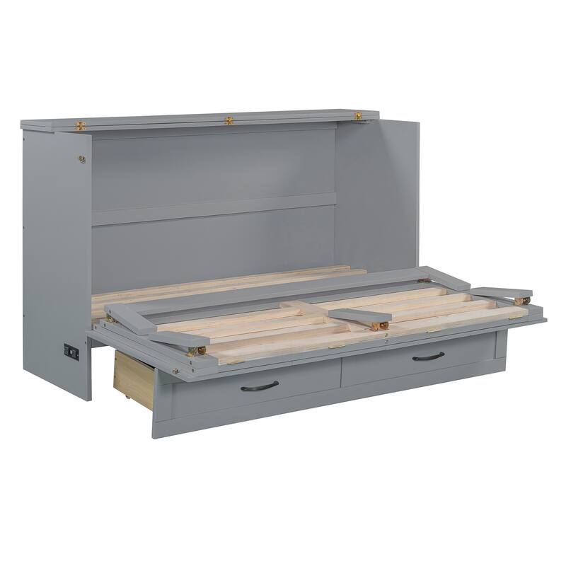Space-Saving Queen Size Murphy Bed with Large Drawers and USB Charging, Gray