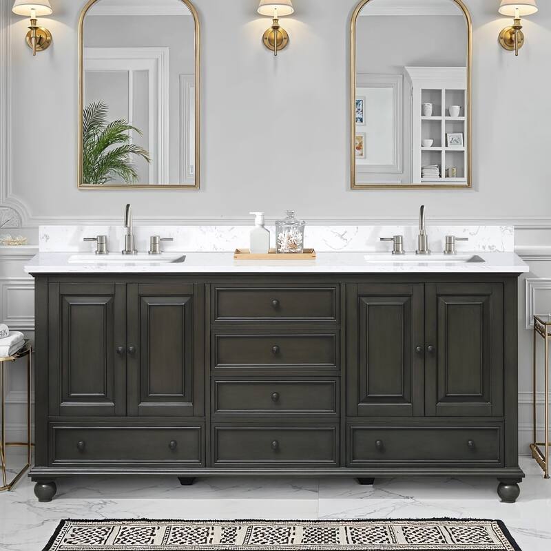 Thompson 72 in. Double Sink Bathroom Vanity with Engineered Stone Top - 73"W x 22"D x 35"H - Charcoal Glaze
