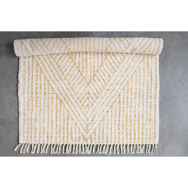 Stonewashed Cotton Tufted Rug with Diamond, Stripes and Fringe - 4' x 6'