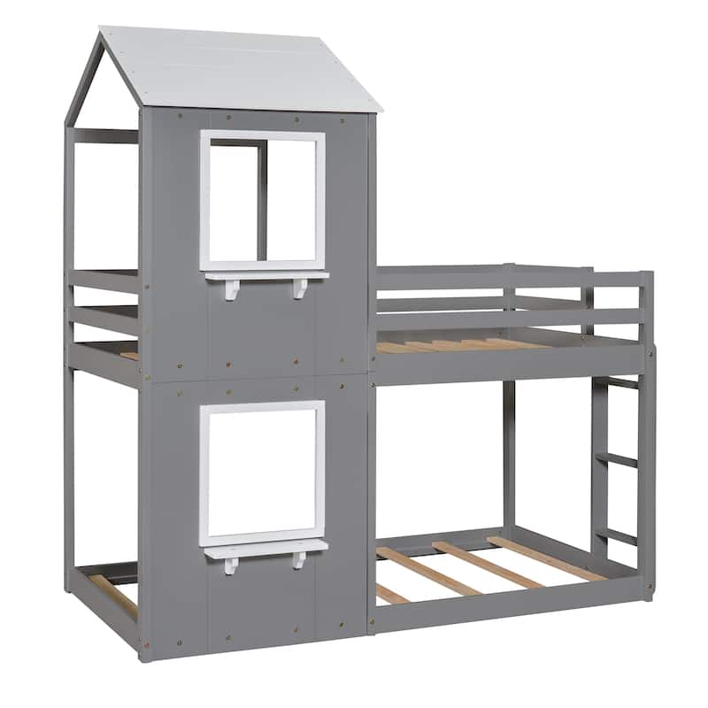 Grey Twin over Twin Solid Wood Bunk Bed with Roof, Window, Guardrail, and Ladder