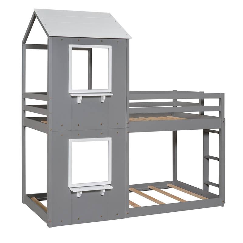 White Twin Over Twin Wood Bunk Bed with Roof, Window, Guardrail, and Ladder