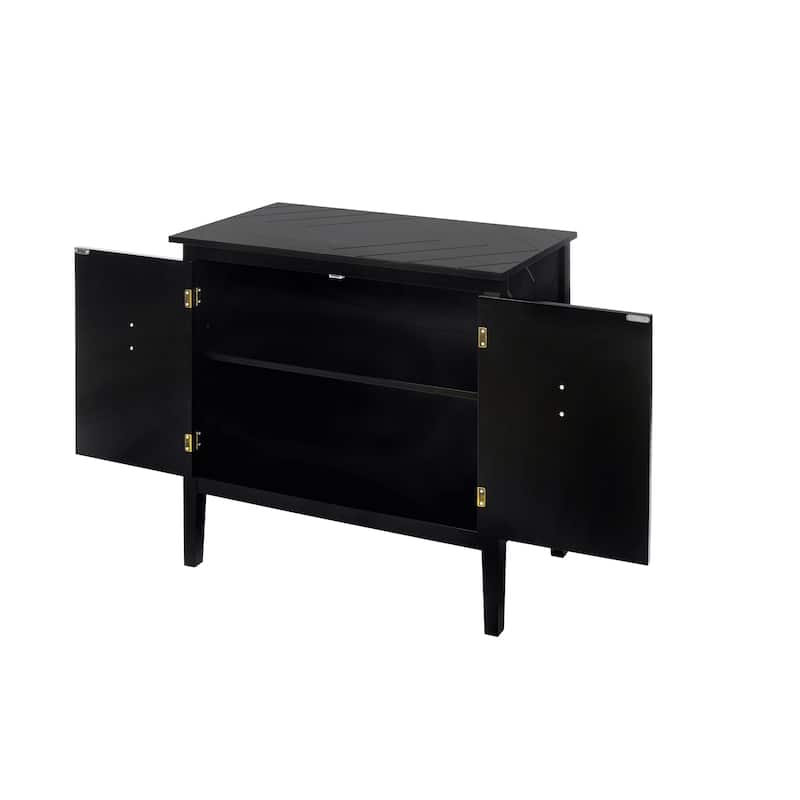 Roomfitters 2 Door Wooden Cabinet, Chevron Storage Sideboard with Vintage Brass Handles, Black