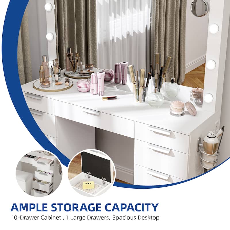 Makeup Vanity Set with Oversized Mirror 3 Color LED Lights Charging Hub 11 Drawers and Comfy Storage Stool for Bedroom