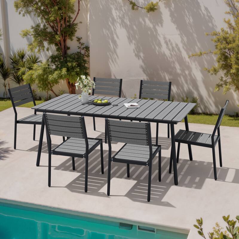 7-Piece Outdoor Patio Dining Set WPC Table Top Alumium Umbrella Hole Table with Stackable Armless Chairs - Grey