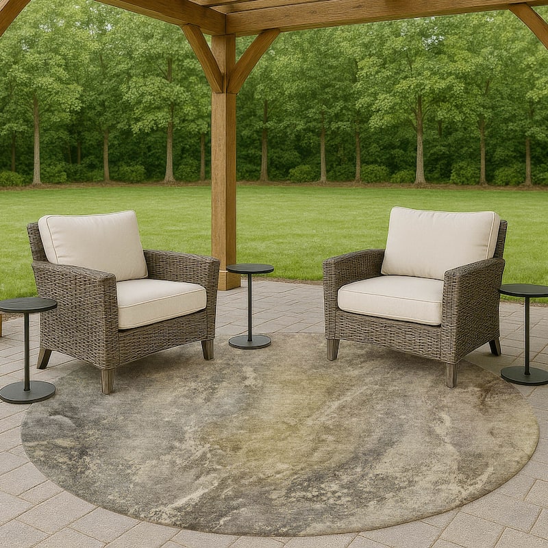 Machine Washable Indoor/ Outdoor Abstract Watercolor Chantille Rug - Pewter - 8' x 8'