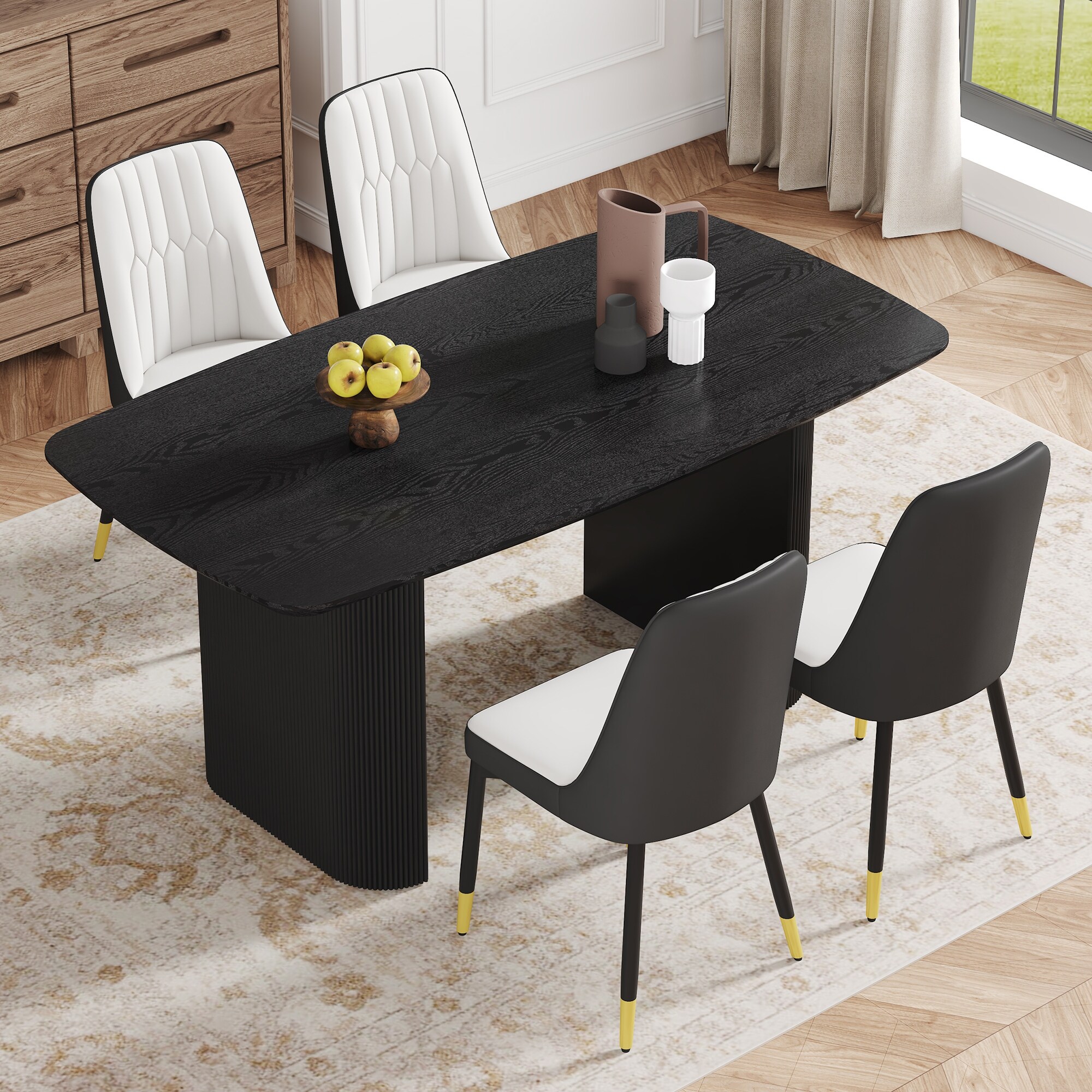 5-Piece/ 9-Piece Modern Wood Grain Dining Table Set with PU Chairs(Black/ Light Gray/ Dark Gray & White）for Kitchen, Dining Room