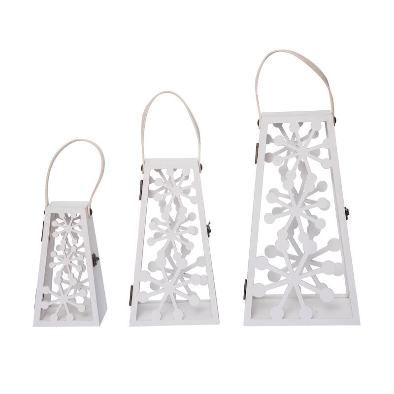 Transpac Wood 15 in. Silver Christmas Lantern with Snowflake Punch Detail Set of 3