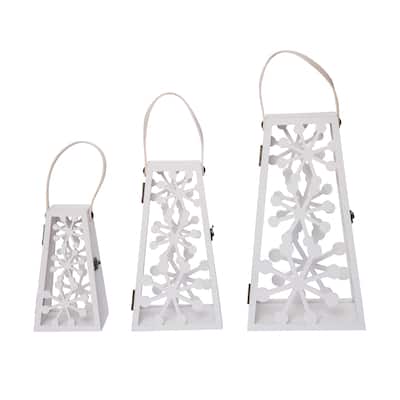 Transpac Wood 15 in. Silver Christmas Lantern with Snowflake Punch Detail Set of 3
