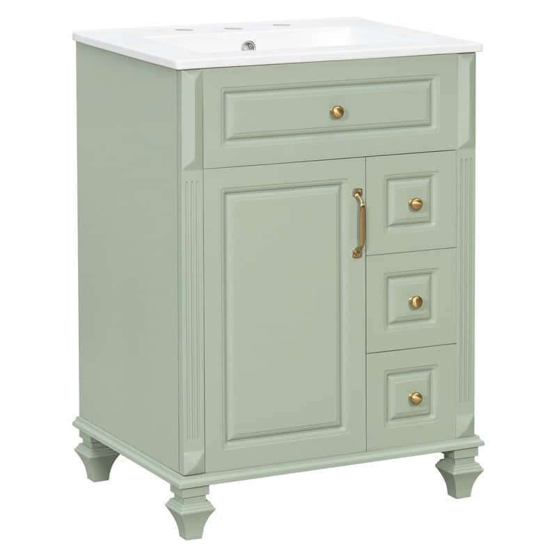 24" Bathroom Vanity with Sink, Freestanding Vanity Cabinet with Flip-Out Drawer, 3 Drawers, Ceramic Top