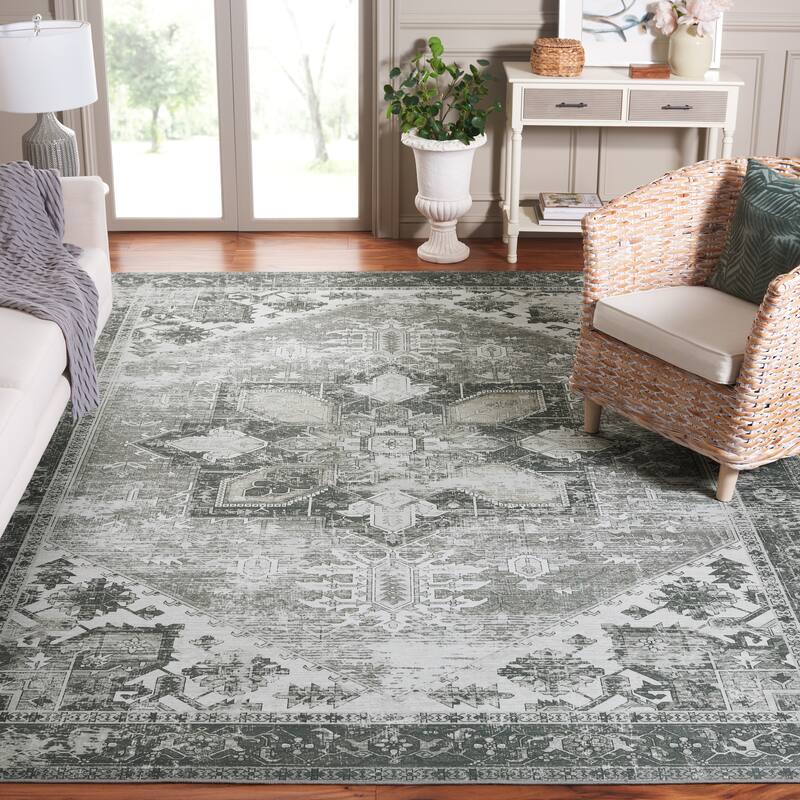 SAFAVIEH, Tucson Machine Washable Slip Resistant Therese Oriental Medallion - 10' Square - Dark Sage/Ivory