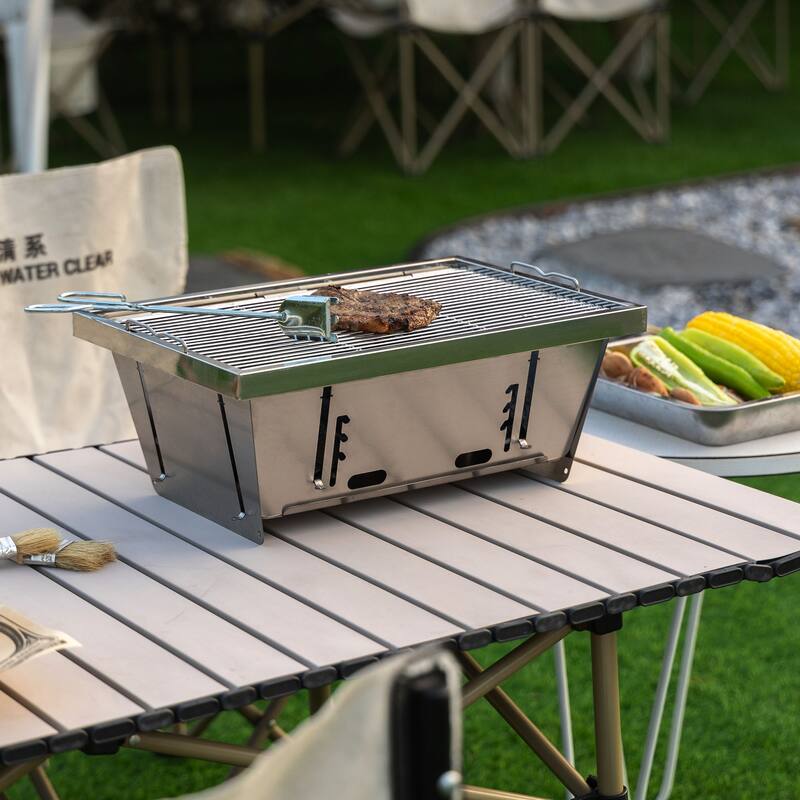 Portable BBQ Outdoor Charcoal Grill Set Stainless Steel Grill with Foldable, for Picnic Patio and Camping - Assembly Required