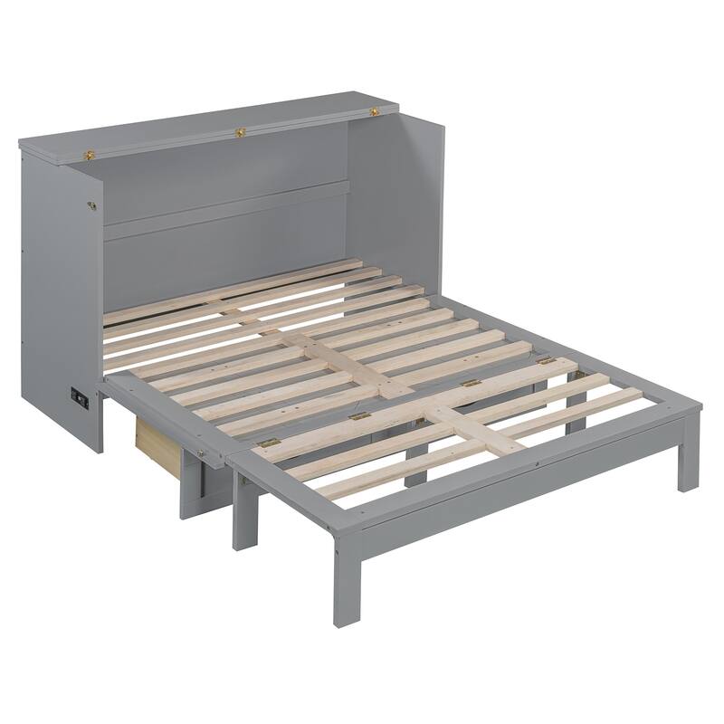 Space-Saving Full Size Murphy Bed with Large Drawers, USB Charging & Rattan Finish