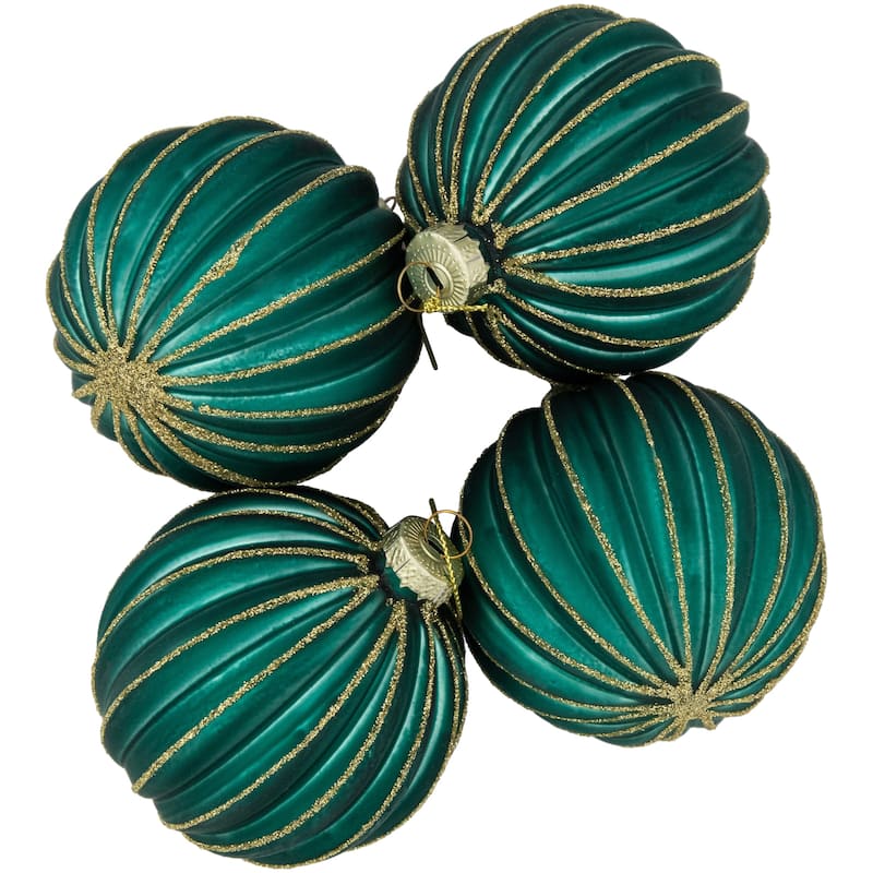 Glitter Ribbed Lined Glass Christmas Ball Ornaments - 3" (80mm) - Green and Gold - 4ct