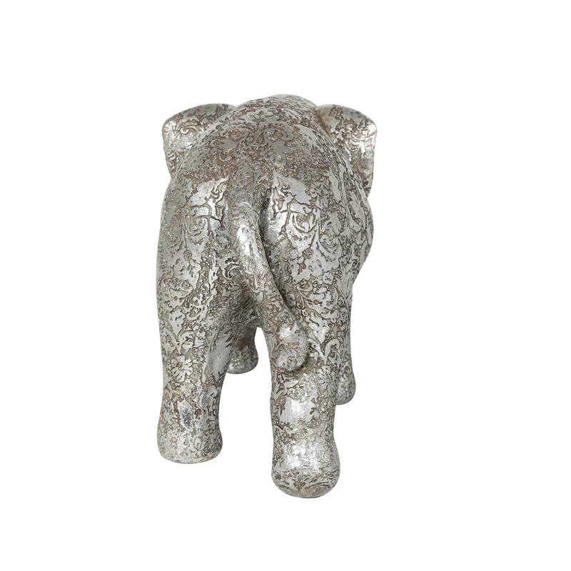 Silver Polystone Engraved Floral Elephant Decorative Sculpture
