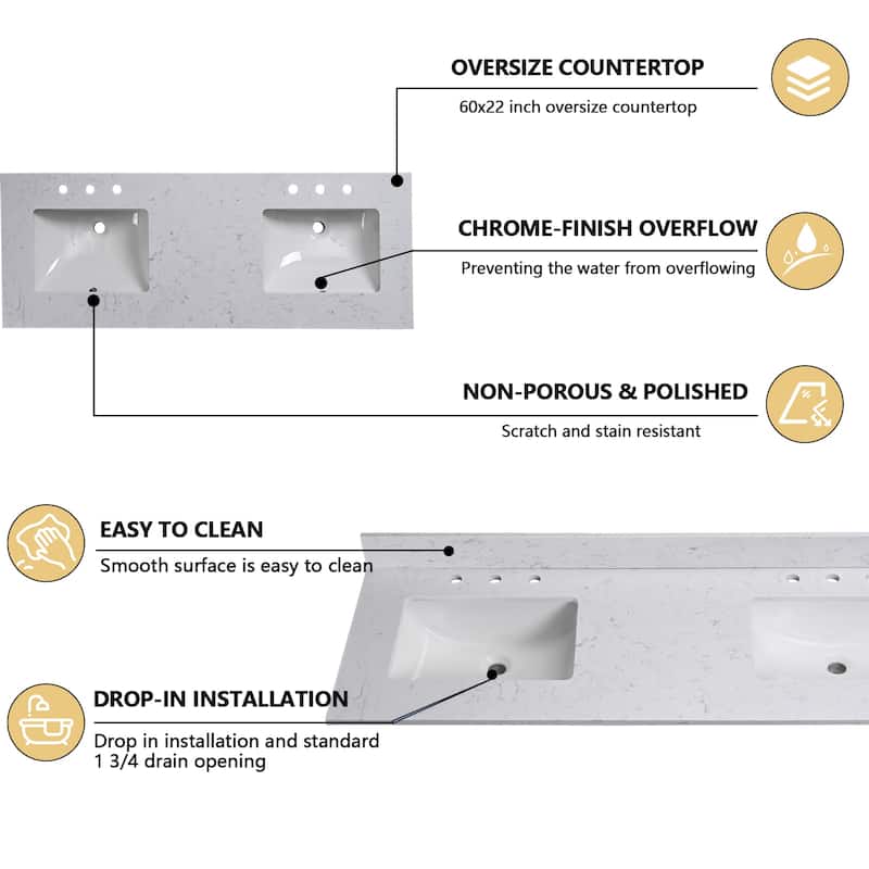 Nephelily 60 inch Transitional White Bathroom Vanity, Double Sinks